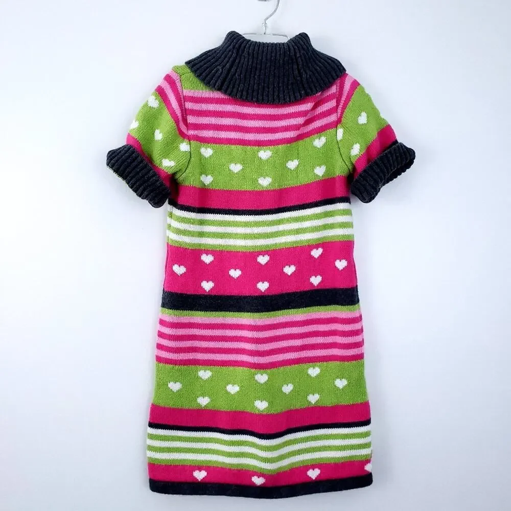 Gymboree Sweater Dress Hearts Stripes Short Sleeve Size 7 Girl Cotton Pink Green
